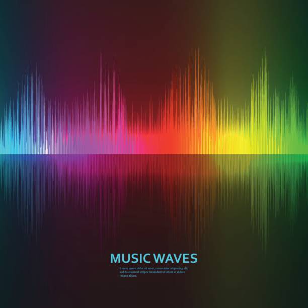 ilustraciones, imágenes clip art, dibujos animados e iconos de stock de fondo de las ondas de música. ecualizador de sonido musical de arco iris con la reflexión - wind instrument flash