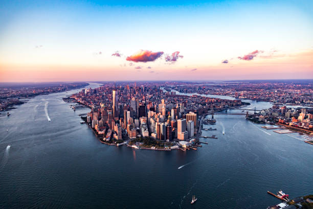 Aerial view of Manhattan, New York, United States of America Manhattan's world famous skyline from birds point of view. lower manhattan stock pictures, royalty-free photos & images