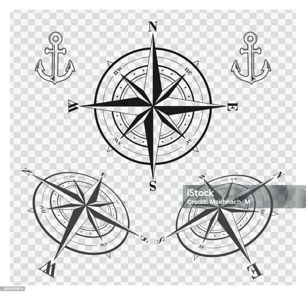 Set of compass roses or wind roses Set of black compass roses or wind roses silhouettes on transparent background. Vector illustration. Compass Rose stock vector