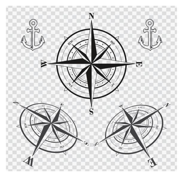 Set of compass roses or wind roses Set of black compass roses or wind roses silhouettes on transparent background. Vector illustration. west direction stock illustrations