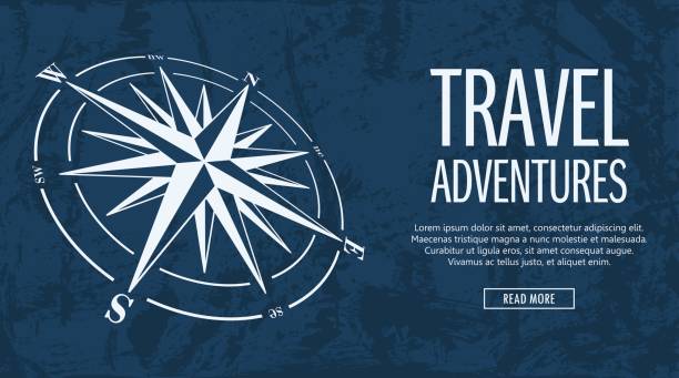 Grunge banner with compass rose Blue horizontal banner with compass rose on grunge background. Vector illustration. adventure stock illustrations