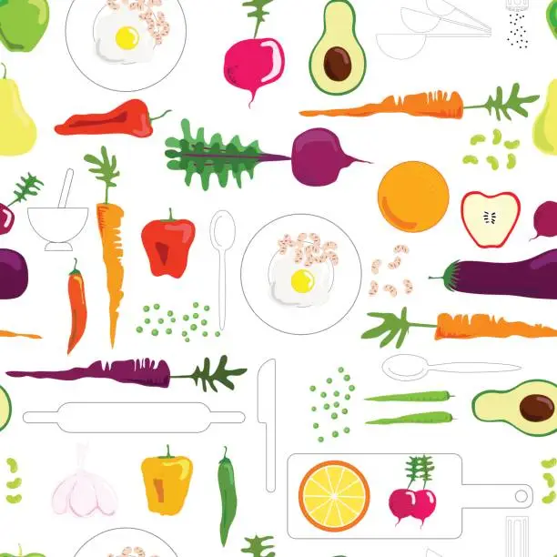 Vector illustration of Fresh vegetables and fruits illustrated, seamless pattern.