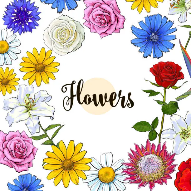 Vector illustration of Square banner various flowers with round place for text