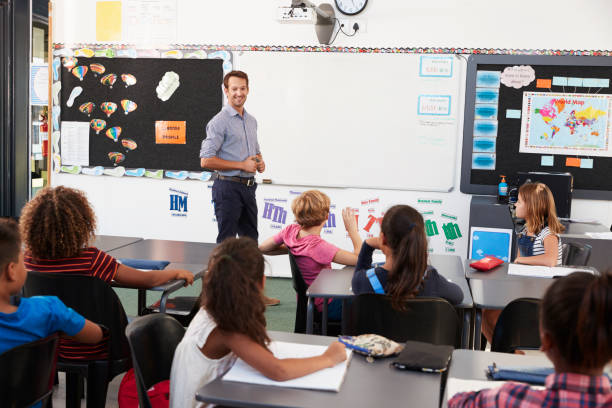 istock Teacher at front of class in an elementary school lesson 839296990