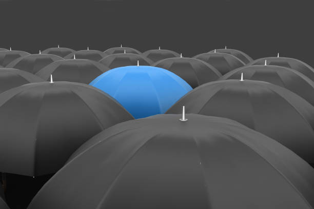 istock Many black umbrellas. One blue unique umbrella 839302978