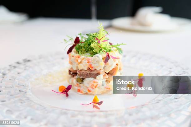 Russian Salad Cooked In Modern Way Toned Stock Photo - Download Image Now - Appetizer, Arrangement, Arranging