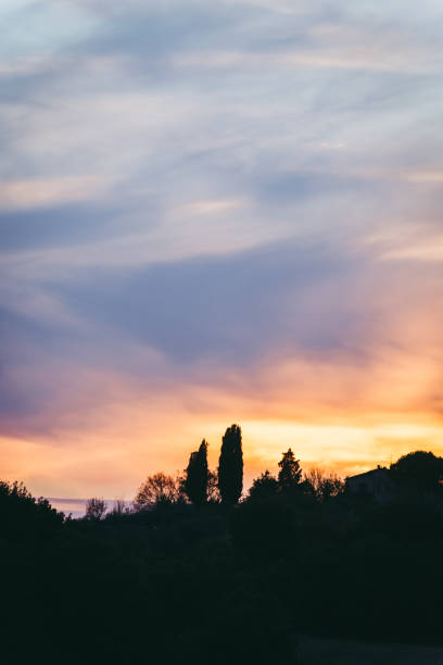 Photo of Dramatic Sunset Sky in Tuscany, Italy with Cypress Silohuette