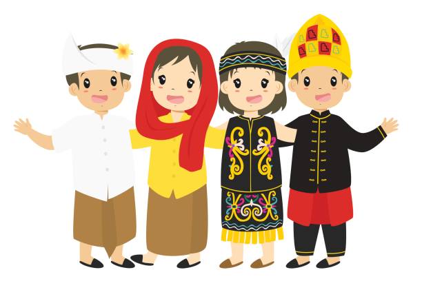 ilustrações, clipart, desenhos animados e ícones de crianças indonésias vestido tradicional dos desenhos animados vetor - dayak