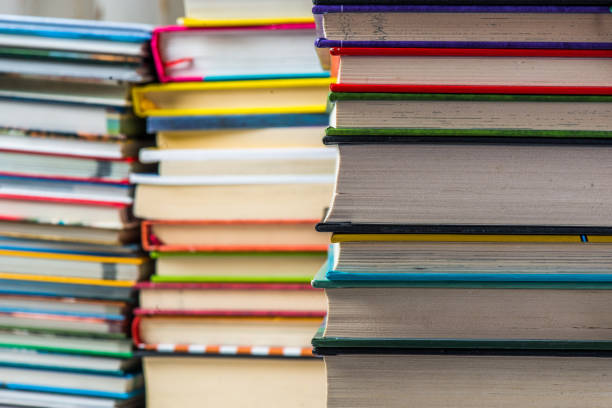 istock Stack of books on a shelf, multicolored book spines. 839330450