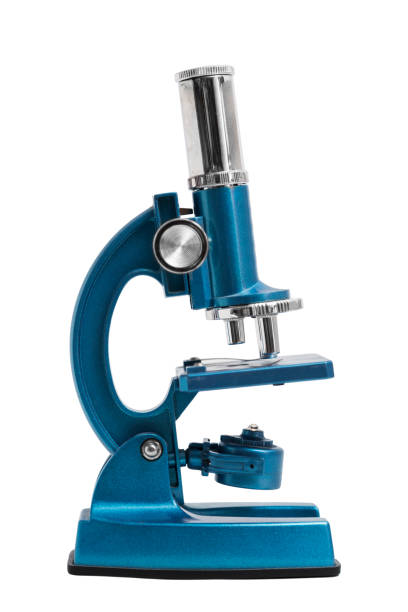 istock Blue shiny new microscope with three lenses on isolated white background. 839342930