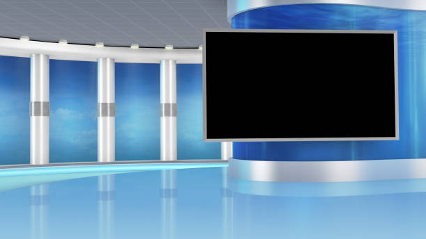 Television studio, virtual set. Blue virtual set, ideal for green screen compositing. broadcast studio stock pictures, royalty-free photos & images