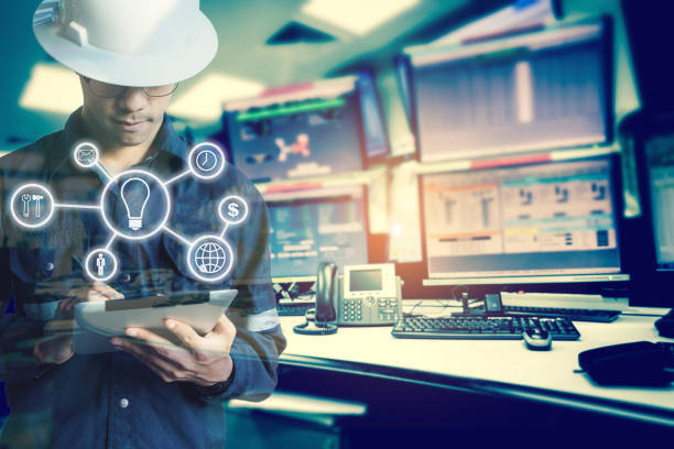 istock Double exposure of Engineer or Technician man with business industrial tool icons while using tablet with monitor of computers room  for oil and gas industrial business concept. 839354554
