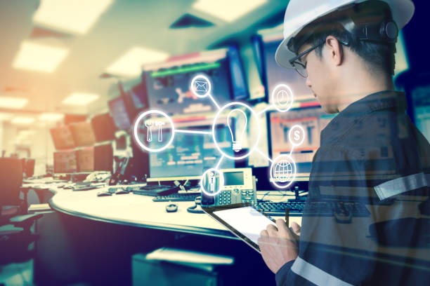 istock Double exposure of Engineer or Technician man with business industrial tool icons while using tablet with monitor of computers room  for oil and gas industrial business concept. 839354588