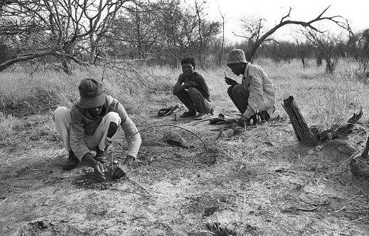 Kalahari, Namibia - August 2011: Hunting with San People or Bushmen in Kalahari desert, Namibia