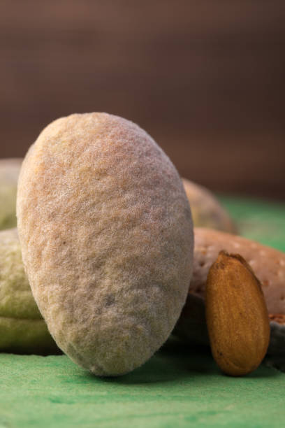 istock A fresh green almonds in the peel is fresh from the tree. Almonds on a black background. Macro. Fresh Harvest. 839361382