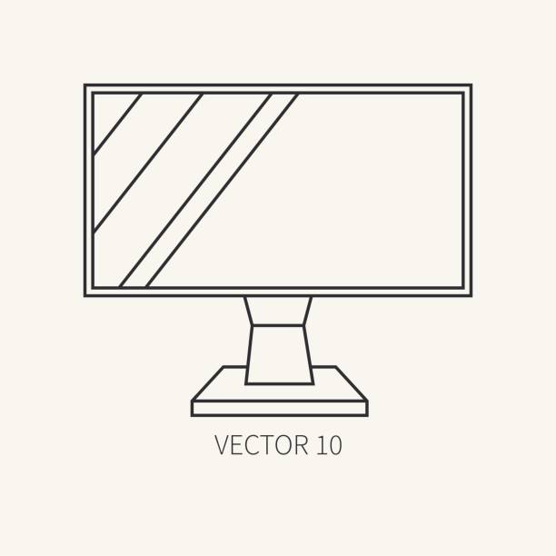 illustrazioni stock, clip art, cartoni animati e icone di tendenza di monitor lcd con icona a parte del computer vettoriale piatto di linea. stile cartone animato. dispositivo desktop per pc per ufficio digitale e business office. gadget per l'innovazione. internet. illustrazione ed elemento per il tuo design, sfondo. - video game pc sign portable information device