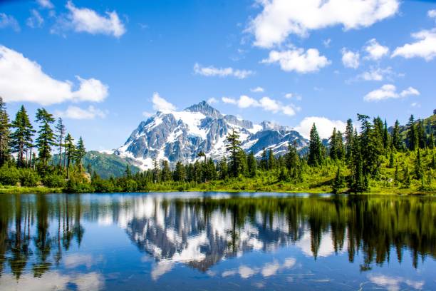 monte shuksan reflejada en el lago de la foto en el parque nacional de north cascades, washington, estados unidos - snowcapped mountain fotografías e imágenes de stock