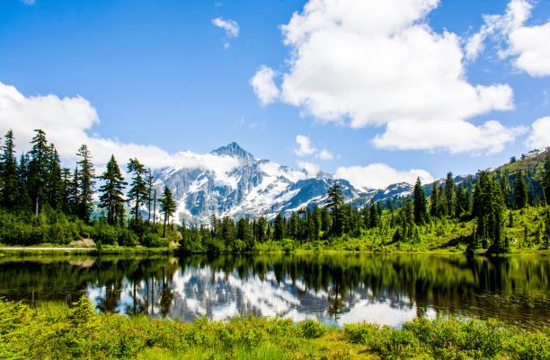 mt. shuksan refletido no lago de imagens no parque nacional north cascades, washington, eua - montanha shuksan - fotografias e filmes do acervo