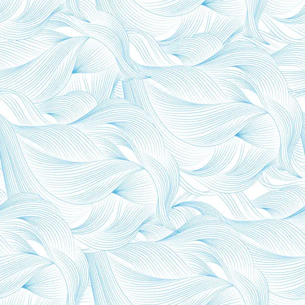 Vector illustration of Abstract cartoon blue white background, wallpaper. Doodle pattern sea waves, ocean, river, wind. Seamless texture textile fabric, printing, web design, card, poster, flyer, banner, packaging, wrapping