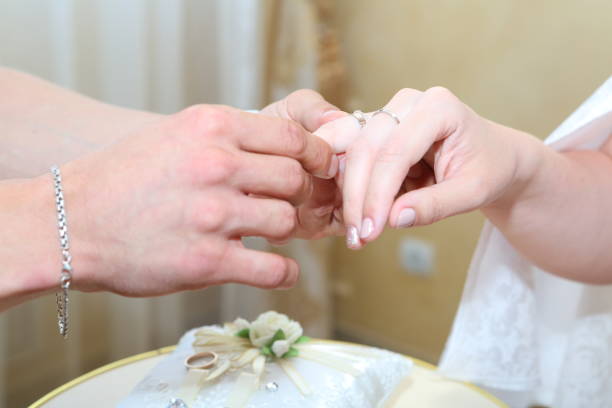 istock groom puts on the bride an engagement ring 839372062