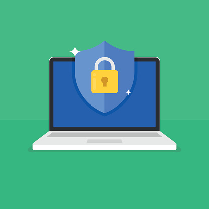 Shield with padlock icon on computer screen. Web security modern flat vector illustration.