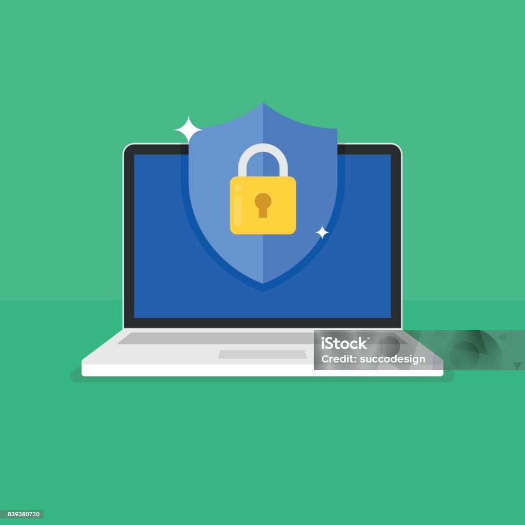 Shield with padlock icon on computer screen. Web security modern flat vector illustration. Security stock vector