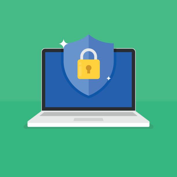 Shield with padlock icon on computer screen. Web security modern flat vector illustration. Shield with padlock icon on computer screen. Web security modern flat vector illustration. computer illustrations stock illustrations
