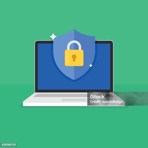 Shield With Padlock Icon On Computer Screen Web Security Modern Flat Vector Illustration Stock Illustration - Download Image Now