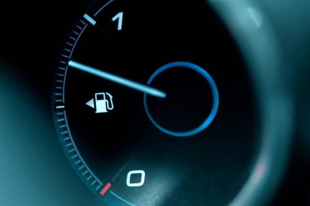 Close-up of the dashboard and fuel gauge in the car stock photo