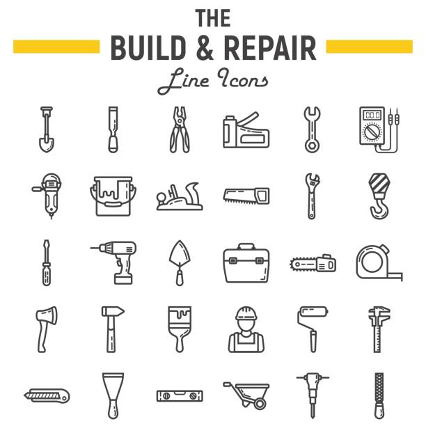 Build and Repair line icon set, construction symbols collection, vector sketches, icon illustrations, tools signs linear pictograms package isolated on white background, eps 10. Build and Repair line icon set, construction symbols collection, vector sketches, icon illustrations, tools signs linear pictograms package isolated on white background, eps 10. hardware store stock illustrations