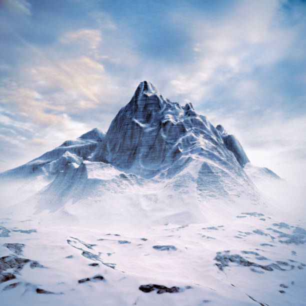 Mountain peak scene 3D illustration of completely computer generated majestic snowy mountain under glorious sky snowcapped mountain stock pictures, royalty-free photos & images