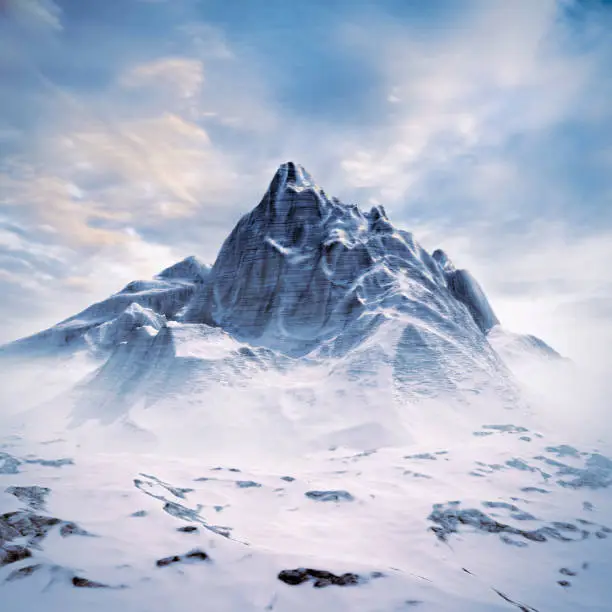 3D illustration of completely computer generated majestic snowy mountain under glorious sky