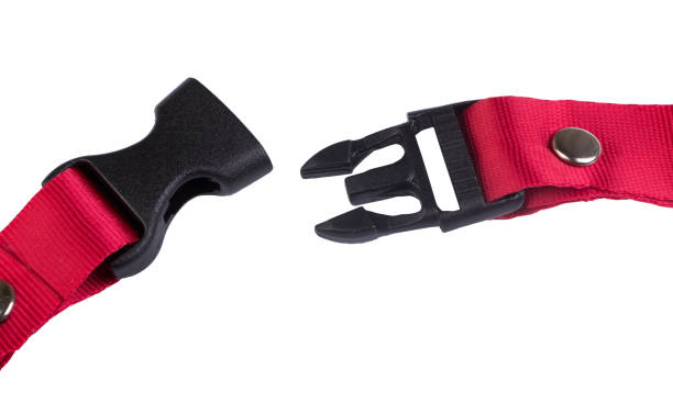 istock Side release buckle from plastic with Red belt nylon on the white background. 839389406