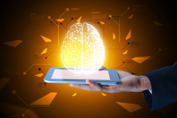 istock Man showing brain on a smart phone in color background 839391876