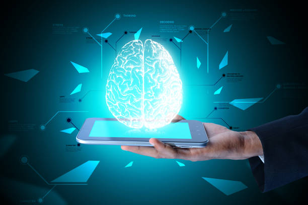 istock Man showing brain on a smart phone in color background 839394912
