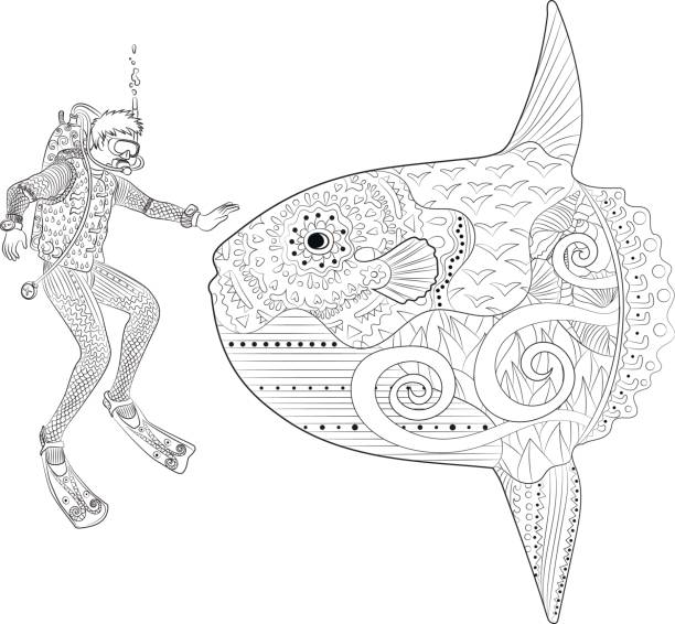 Underwater diver in tangled patterns style. Underwater moon fish and diver in tangled patterns style. Adult antistress coloring book. Black white doodle oceanic animal for art therapy. Animal and man with high details isolated on white background black guy swimming in sea water stock illustrations