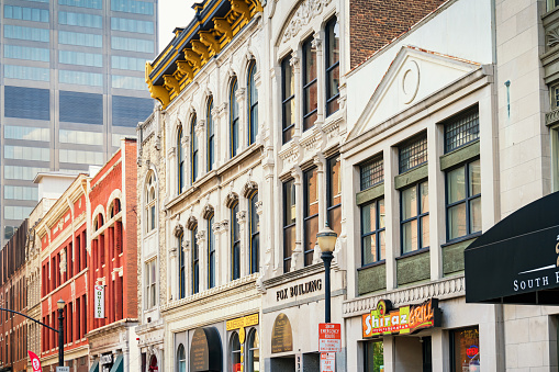 Stock photograph of a row of ornate facades in downtown Louisville Kentucky USA