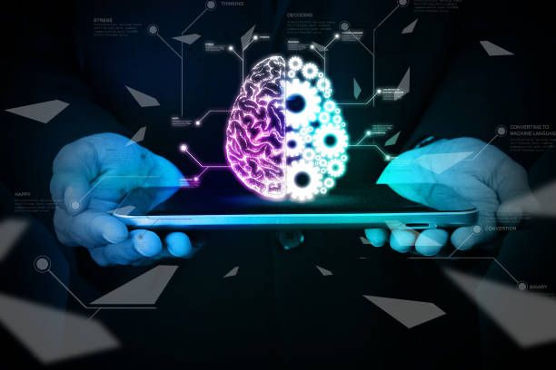 istock Man showing brain and gear wheels on smart phone in color back ground 839399402