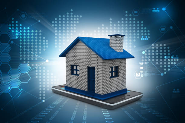istock Smart phone with house in color background 839413592