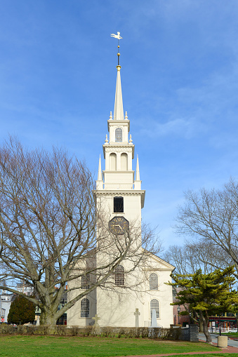 Newport Trinity Church on Queen Anne Square is a historic parish church built in 1725, Newport, Rhode Island, USA.