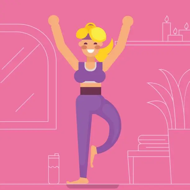 Vector illustration of Girl doing exercises in yoga hall.