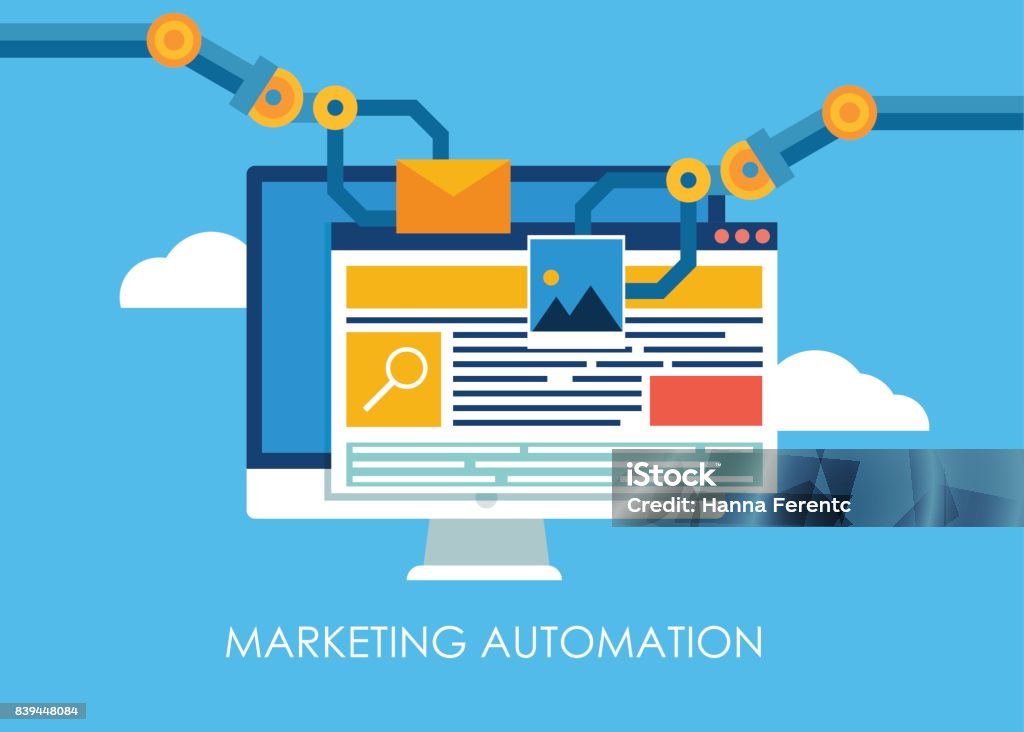 Marketing Automation. Ordinateur doté d’un site qui génère des mains du robot. - clipart vectoriel de Automatisé libre de droits