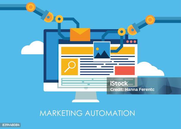 Marketing Automation Ordinateur Doté Dun Site Qui Génère Des Mains Du Robot Vecteurs libres de droits et plus d'images vectorielles de Automatisé