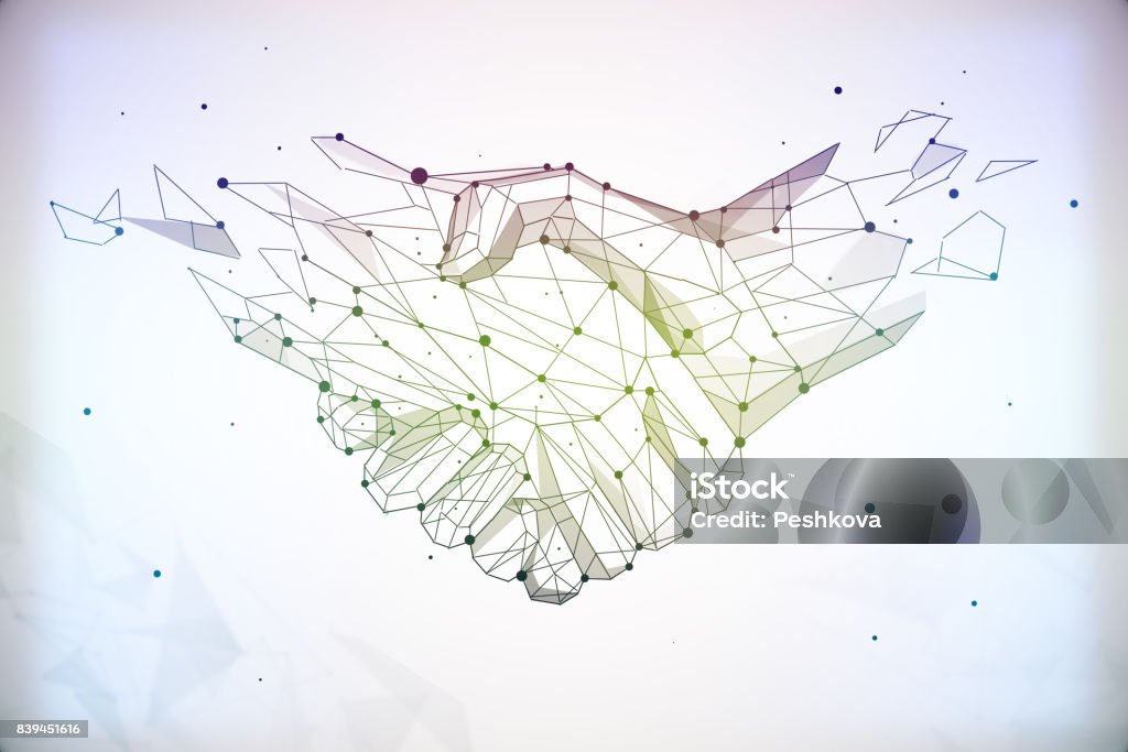 Teamwork concept Abstract polygonal handshake on light background. Teamwork and communication concept. 3D Rendering Partnership - Teamwork Stock Photo