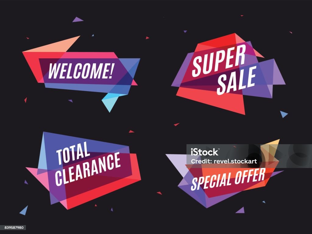 Geometrical colorful banner, speech bubble for marketing and soc Geometrical colorful banner, speech bubble for marketing and social. Vector illustration set Banner - Sign stock vector