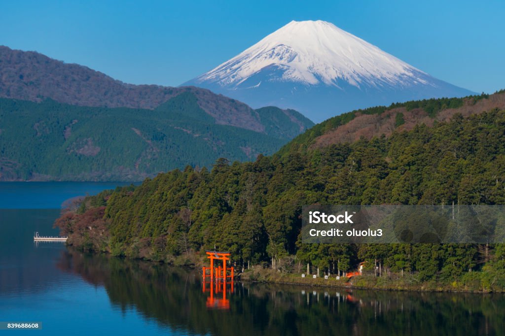 Mountain Fuji and Lake Ashi with Hakone Temple Mountain Fuji and Lake Ashi Hakone - Kanagawa Stock Photo