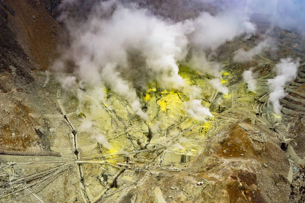 Sulfur gas protruding from ground of active mountain named Owakudani, located in Hakone, Japan. This area also can view Fuji mountain on bright day. Photo taken from Hakone ropeway.