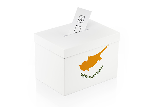 Ballot box textured with Cypriot flag. Isolated on white background. A vote envelope is entering into the ballot box. Horizontal composition with copy space. Great use for referendum and 2018 presidential elections related concepts. Clipping path is included.