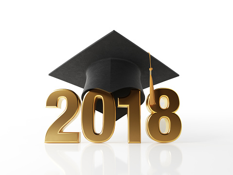 High quality 3d render of a golden 2018 extruded text wearing a black mortarboard isolated on white background. Horizontal composition with copy space. Clipping path is included.