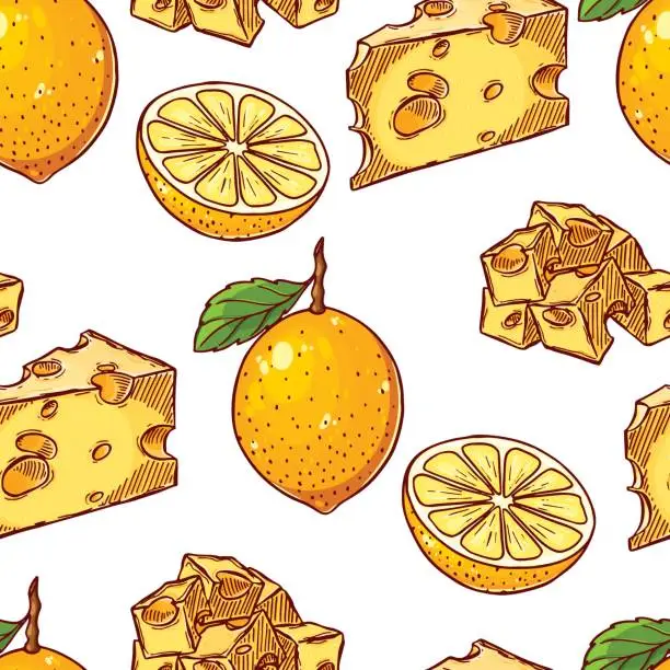 Vector illustration of Pretty seamless pattern made of hand drawn colorful dice sliced maasdam cheese and lemons.